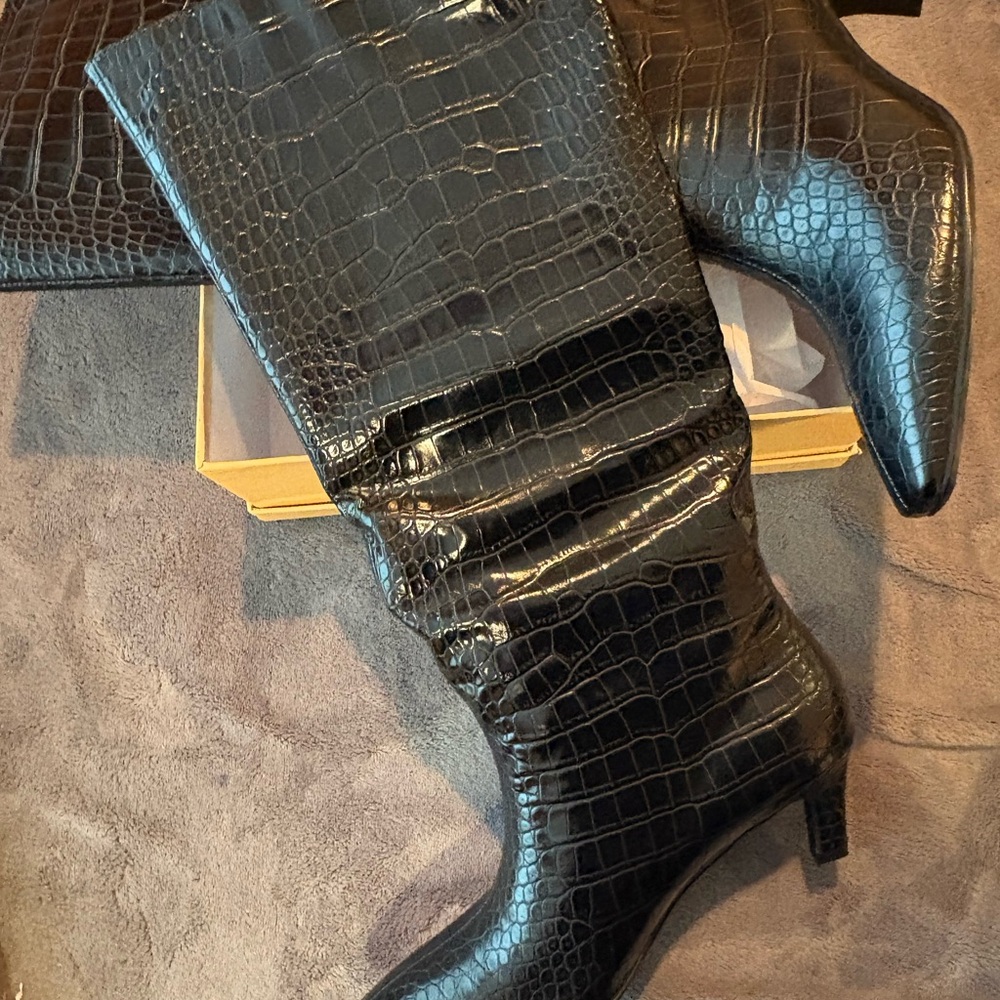 Amazon Black Croc-Pattern Over the Knee Boots